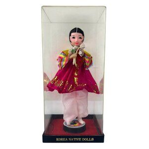 Korea Native Girl Doll in Plastic Display Case Pink Yellow Floral Colorful READ